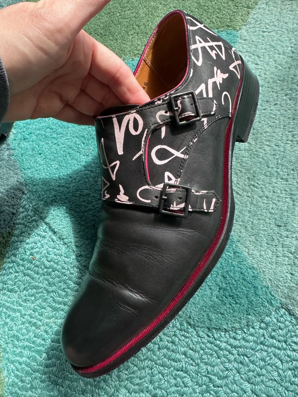 Fluevog Twin Turbine 205 Pine Street black graphic print monk strap shoe -M8/W10